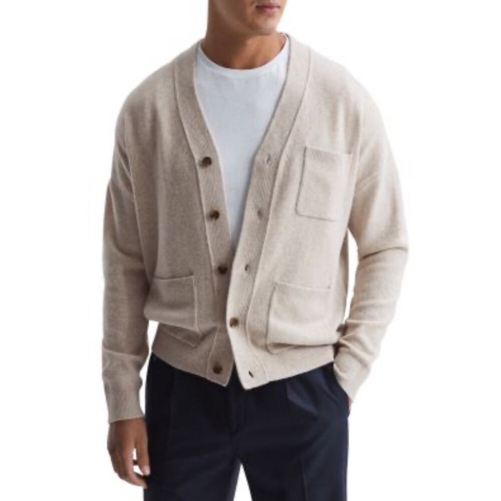 Reiss Andrews Merino Wool Cardigan Beige V Neck Button Sweater Medium